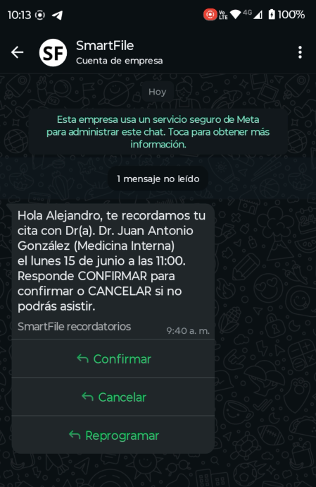 Recordatorio de cita de SmartFile enviado por WhatsApp